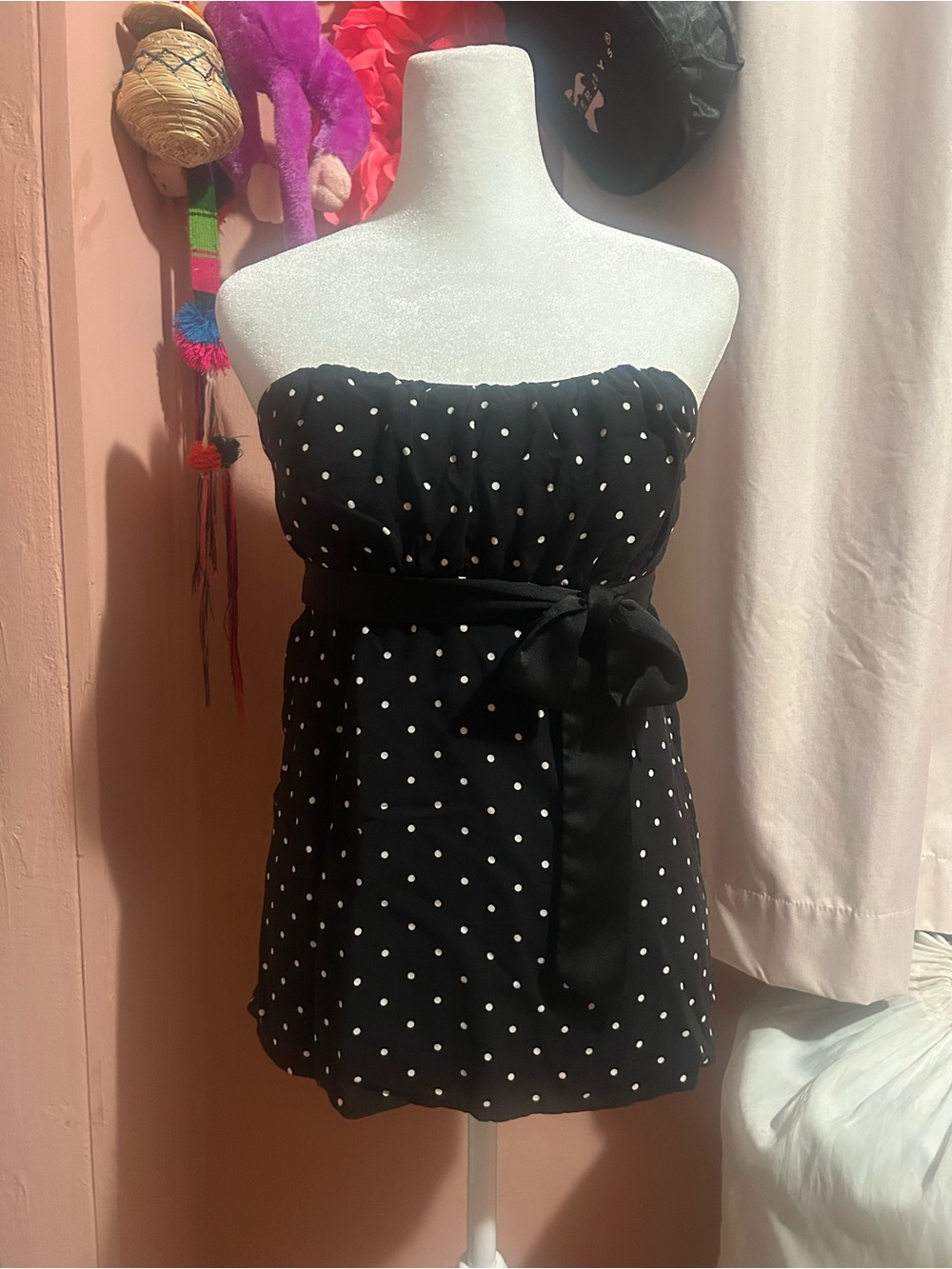 Hollister Black Polka Dot Strapless Bandeau with Waist Sash